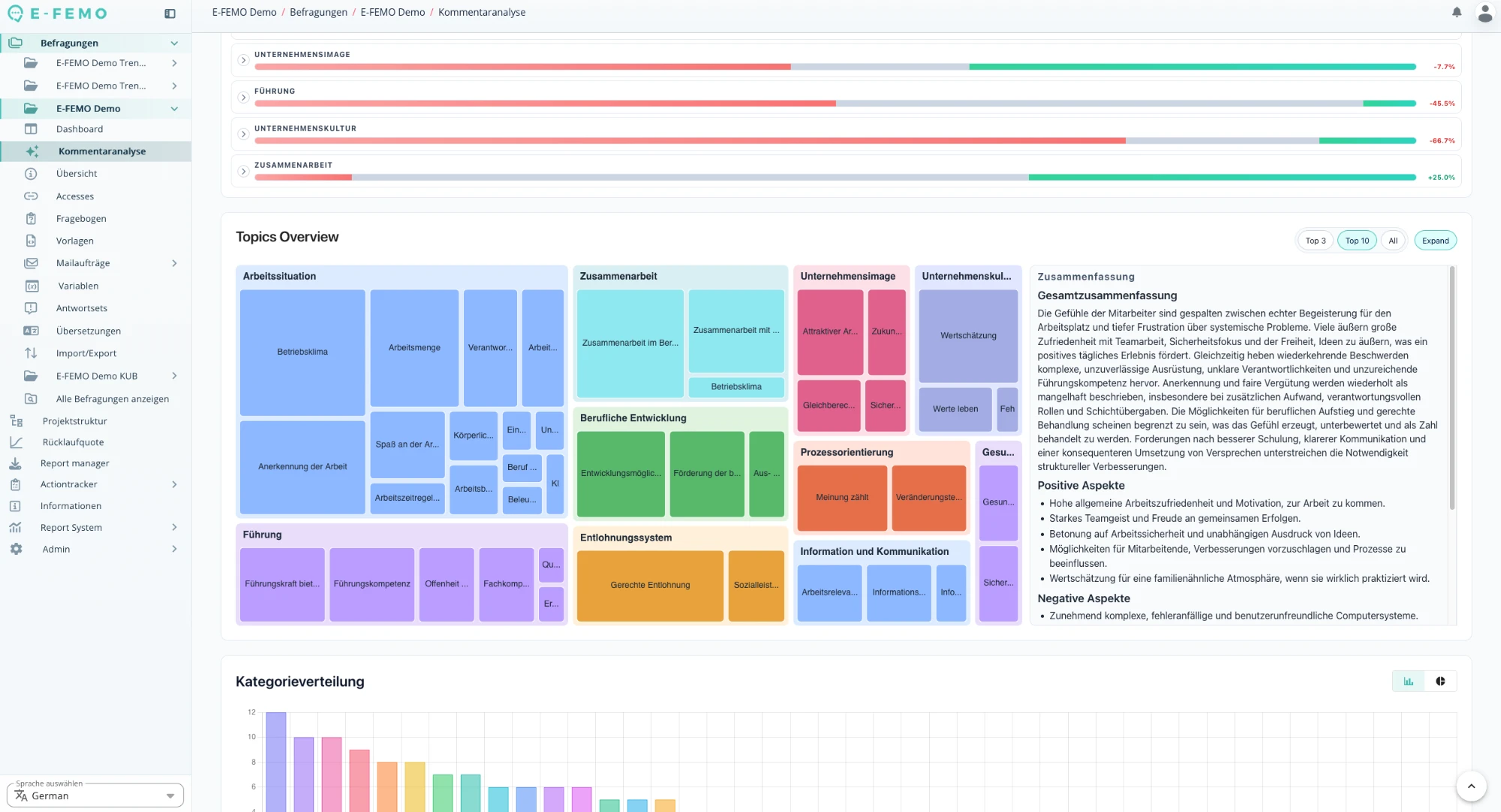 Topics overview with AI-categorized feedback and generated summaries