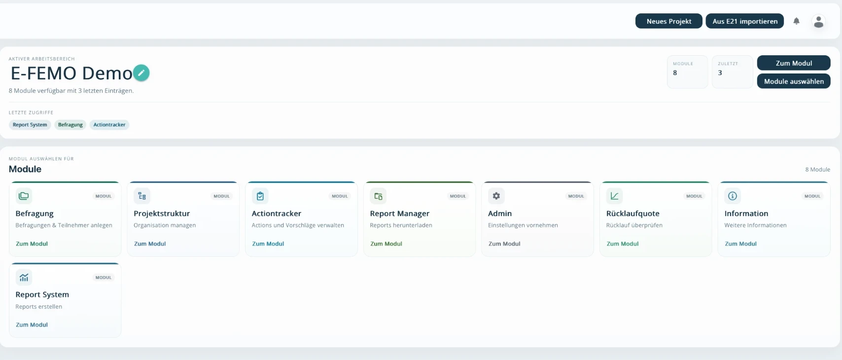 E-FEMO workspace with survey, structure, reporting, and administration modules