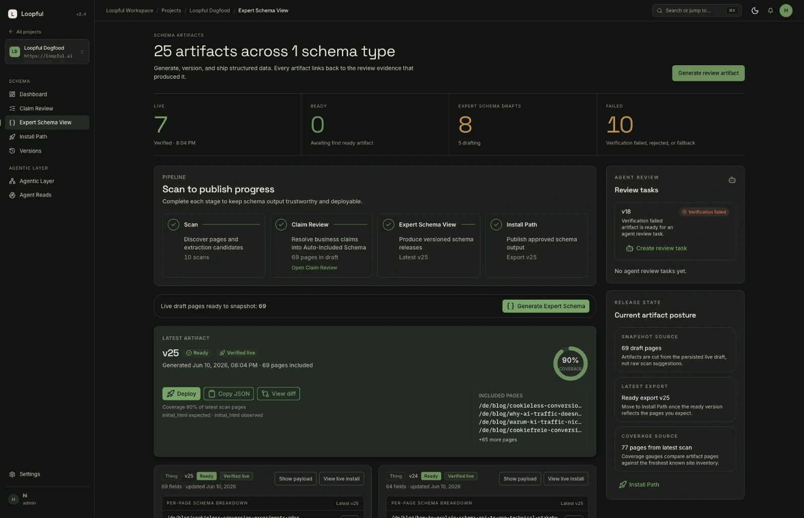 SchemaX expert view with versioned artifacts, validation, and scan-to-publish workflow